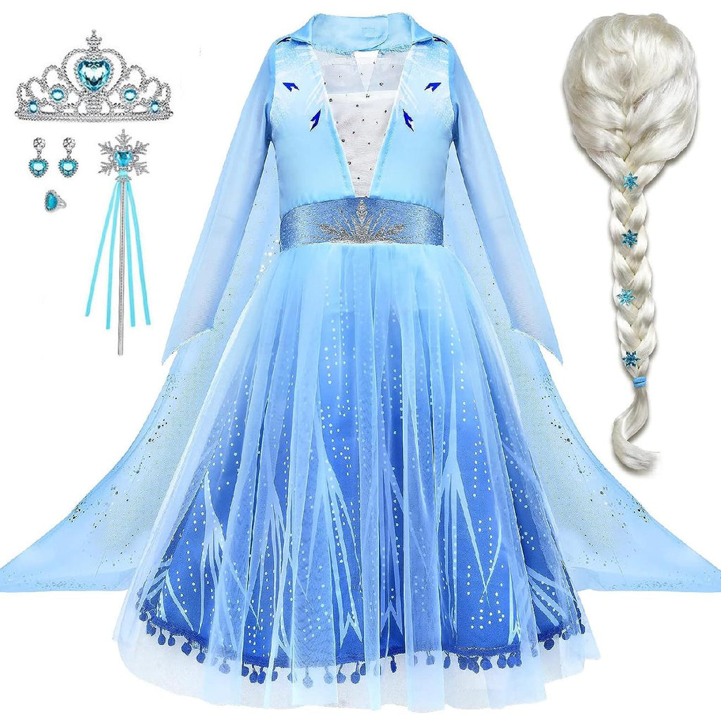 Rochie Elsa Frozen 2 pentru copii, Set cu coronita, peruca si accesorii, EvrikaUnity®, Regina Ghetii, Tesatura Premium, 3-4 ani, 110 cm, Albastru imperial
