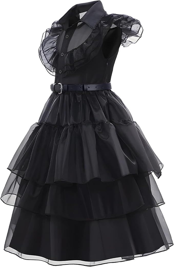 Rochie Wednesday pentru Fete, Set cu Peruca, Bijuterii si Accesorii, EvrikaUnity®, Tesatura premium, 4-5 ani, 120 cm, Negru