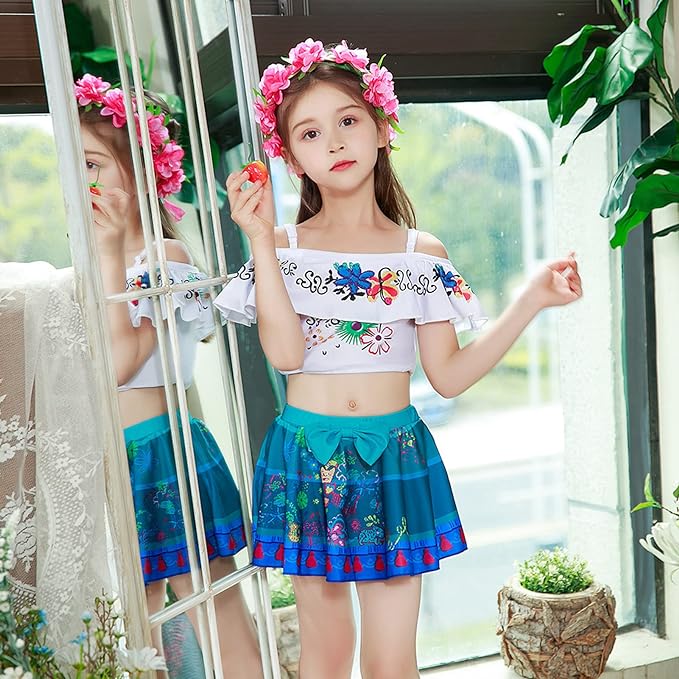Costum de baie/inot din 2 piese pentru fete, Mirabel Encanto, Premium Nylon, 3-4 ani, 110 cm, alb/ albastru