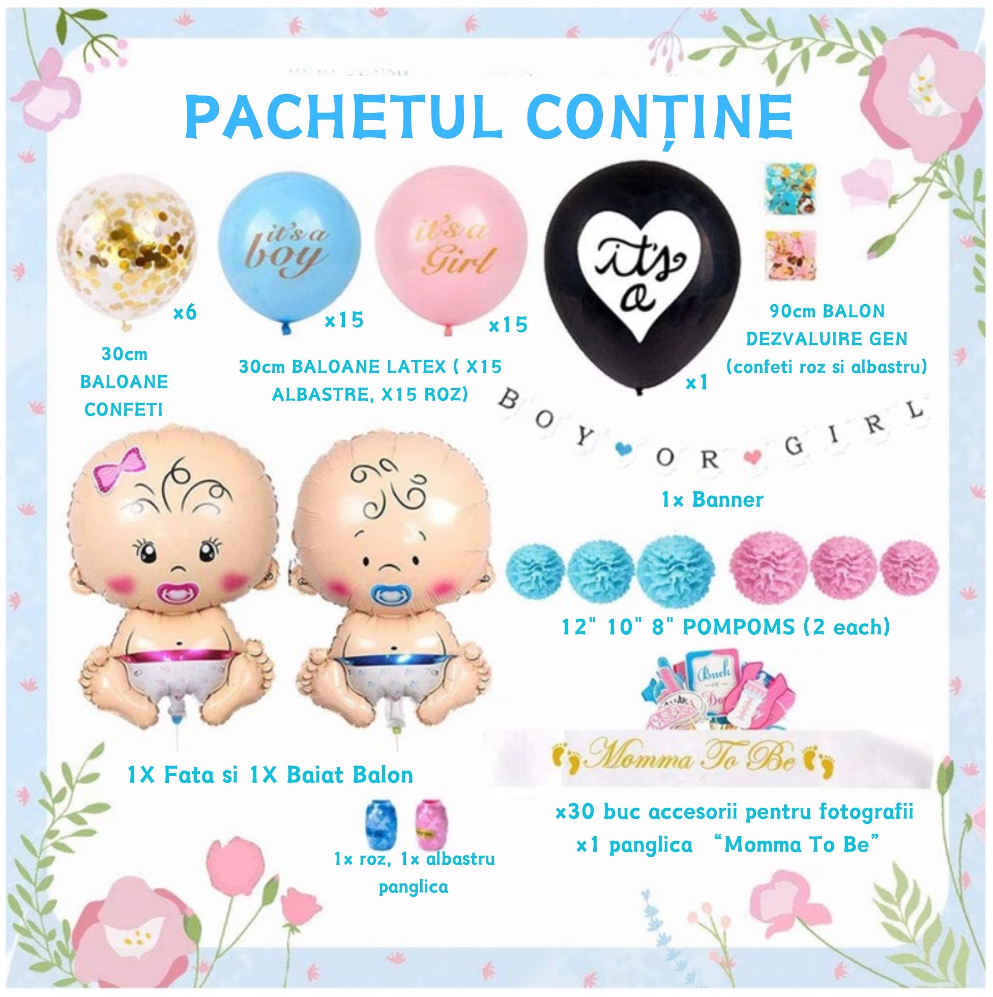 Set 79 de accesorii pentru Gender Reveal cu 39 de Baloane, Bebelusi, EvrikaUnity®, Petrecere dezvaluire de gen copil, Latex, 30 photo props, Multicolor