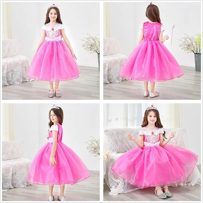 Rochita Printesa Aurora, Set cu Peruca, Coronita si Accesorii, EvrikaUnity®, Frumoasa adormita, 6-7 ani, 140 cm, Multicolor