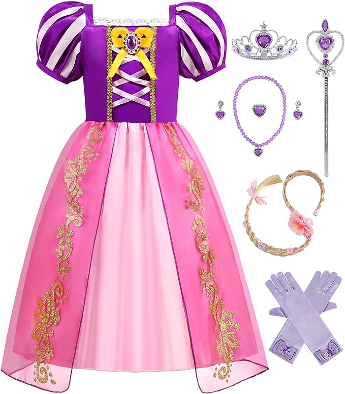 Rochie Printesa Rapunzel pentru copii, Set Bentita cu coada impletita, Coronita si Accesorii, EvrikaUnity®, Tesatura Premium, 5-6 ani, 130 cm, Roz/ Mov