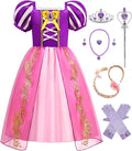 Rochie Printesa Rapunzel pentru copii, Set Bentita cu coada impletita, Coronita si Accesorii, EvrikaUnity®, Tesatura Premium, 5-6 ani, 130 cm, Roz/ Mov