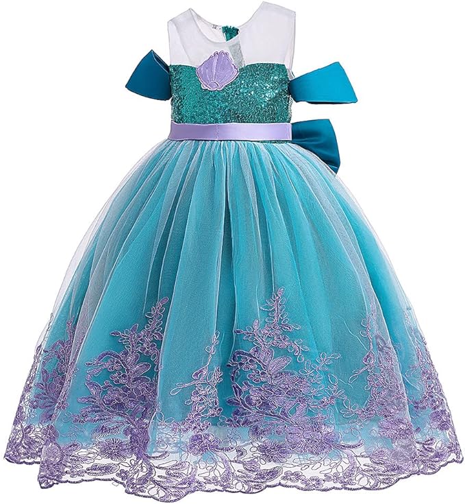 Rochita Sirena de Printesa pentru fete, Set cu Coronita si Accesorii, Tesatura fina, 4-5 ani, 120 cm, Verde smarald/ Mov